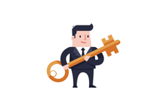 Confident businessman holding a large golden key in a minima Product Image 1