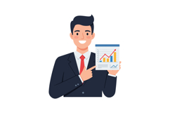Businessman in a suit pointing at a growth chart in a flat v Product Image 1