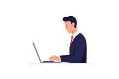 Businessman in a suit working intently on a laptop in a mini Product Image 1