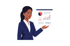 Businesswoman in a suit presenting data with charts and grap Product Image 1
