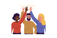 Three diverse friends celebrating with high fives in a flat, Product Image 1
