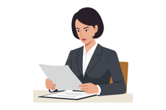 Professional woman in a suit reading documents at a desk in Product Image 1