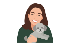 Happy woman smiling while holding a fluffy grey dog in a min Product Image 1