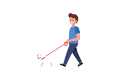Happy man walking a small white dog on a leash in a flat vec Product Image 1