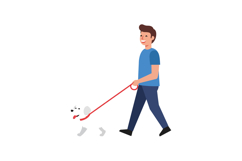 A cheerful man walking a small white dog on a leash in a fla Product Image 1