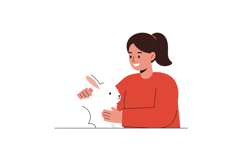 A cheerful girl gently holding a white rabbit in a minimal f Product Image 1