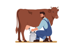 Farmer milking a brown cow in a flat vector illustration sty Product Image 1