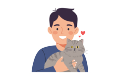 A smiling man holding a fluffy gray cat in a minimal flat de Product Image 1