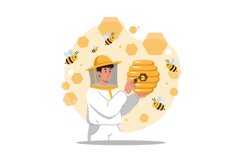 Beekeeper harvesting honey from beehive with bees and honeyc Product Image 1