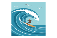 Surfer riding large blue wave with seagulls in clear sky vec Product Image 1