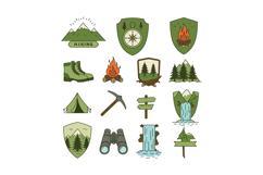 Hiking and Camping Outdoor Adventure Icons with Mountains Tr Product Image 1