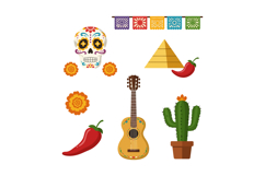 Mexican cultural symbols with sugar skull guitar cactus pyra Product Image 1