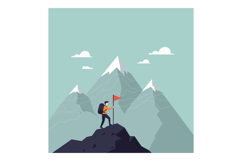 Mountain climber with backpack reaching summit holding red f Product Image 1
