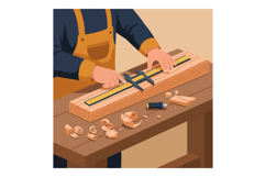 Carpenter measuring wooden plank using caliper on workbench Product Image 1