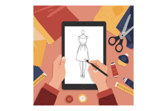 Fashion designer sketching dress on digital tablet with sewi Product Image 1