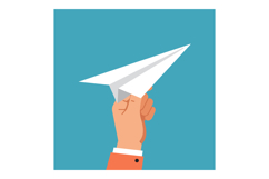 Hand Holding White Paper Airplane on Blue Background Vector Product Image 1
