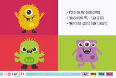 Yellow fuzzy monster with tongue out and purple square monster with three eyes, both on colorful backgrounds.