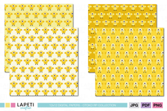 Adorable yellow monster seamless digital paper set with bat-winged characters. Includes 12x12 inch JPG, PNG, and PDF files in 300 DPI for print and craft projects.