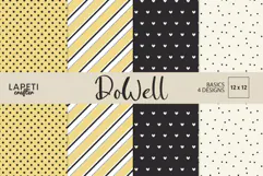 Yellow and black digital papers with stripes hearts tiny motifs and scattered dots