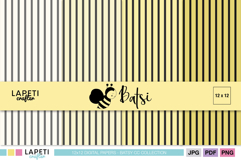 Cover preview showing yellow and black vertical striped digital papers, 12x12 inch backgrounds in four color variations