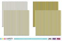Preview of yellow and black striped digital papers, four seamless vertical stripe patterns in different yellow tones on 12x12 inch backgrounds