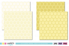 Four yellow honeycomb digital papers displayed in different shades, geometric beehive seamless backgrounds, 12x12 inches for crafts and scrapbooking.