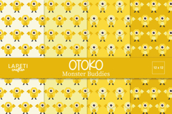 Cute yellow monster digital papers featuring kawaii bat-winged creatures in warm tones. Fun printable background pack for kids crafts and scrapbooking.