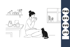 Woman enjoying coffee with black cat in kitchen minimalist l Product Image 1