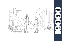 Man and Woman Talking in Outdoor Park with Trees and Bushes Product Image 1