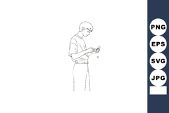 Young man standing and using smartphone digital line art vec Product Image 1