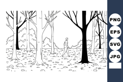 Forest scene with person walking among leafless trees in bla Product Image 1