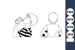 Boy drinking water and boy holding soccer ball vector outlin Product Image 1