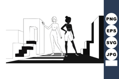Vector art of two women standing on stairs with strong black Product Image 1