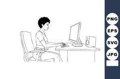 Woman working on computer at desk in office line art vector Product Image 1