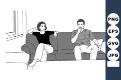 Couple sitting on couch illustration in monochrome style wit Product Image 1