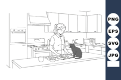 Woman Preparing Food with Cat Sitting on Kitchen Counter Ill Product Image 1