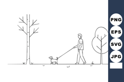 Man walking dog in nature park with trees simple line art ve Product Image 1