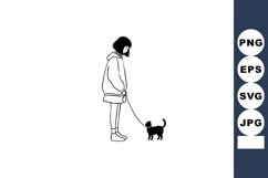 Woman walking small dog on leash simple black and white vect Product Image 1