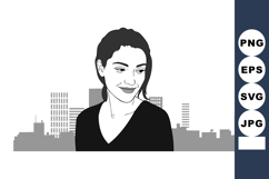 Young woman smiling looking down with city skyline backgroun Product Image 1