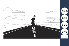 Skateboarder riding on empty road under cloudy sky black and Product Image 1