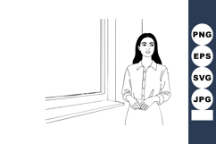 Woman standing near window in black and white line art vecto Product Image 1