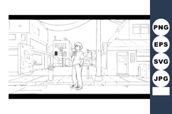 Person standing in urban street scene vector line art illust Product Image 1