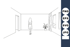 Woman standing in minimalistic room with windows and potted Product Image 1