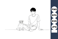 Young man sitting on floor with pug dog simple line art vect Product Image 1