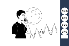 Young man blowing bubble gum balloon with pine tree forest s Product Image 1