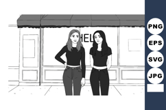 Two young women standing outside a store front in casual bla Product Image 1