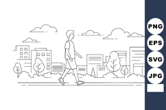 Man walking in urban park with city buildings and trees line Product Image 1