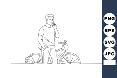 Man talking on mobile phone standing near bicycle line art v Product Image 1