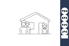 Family standing outside house line art simple black outline Product Image 1