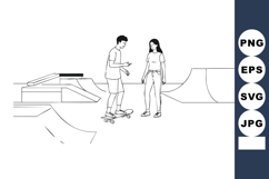 Young couple roller skating at skate park outline vector ill Product Image 1
